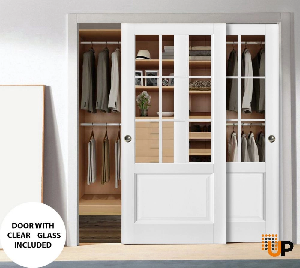 Double solid core sliding classic interior closet bypass door with clear glass | Felicia 3599 White | 36 x 80 (2* 18x80) photo#2