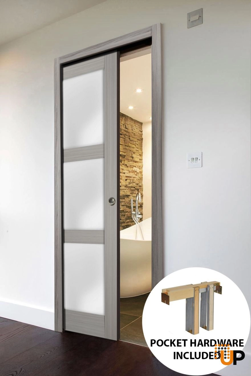 Single solid core sliding luxury interior pocket door with frosted glass | Lucia 2552 Ginger Ash | 18 x 80 photo#2