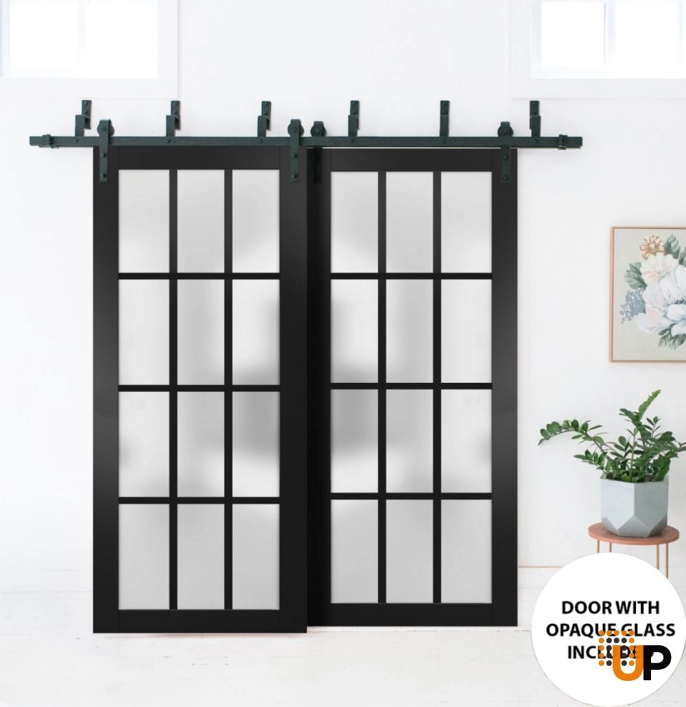 Double solid core sliding classic interior barn bypass door with frosted glass | Felicia 3312 Black Matte | 36 x 80 (2* 18x80) photo#2
