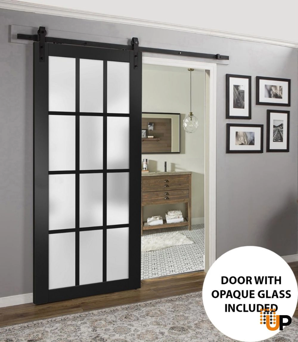 Single solid core sliding classic interior barn door with frosted glass | Felicia 3312 Black Matte | 18 x 80 photo#2