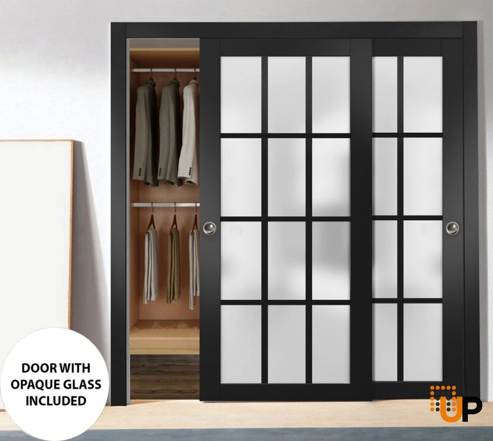 Double solid core sliding classic interior closet bypass door with frosted glass | Felicia 3312 Black Matte | 36 x 80 (2* 18x80) photo#2