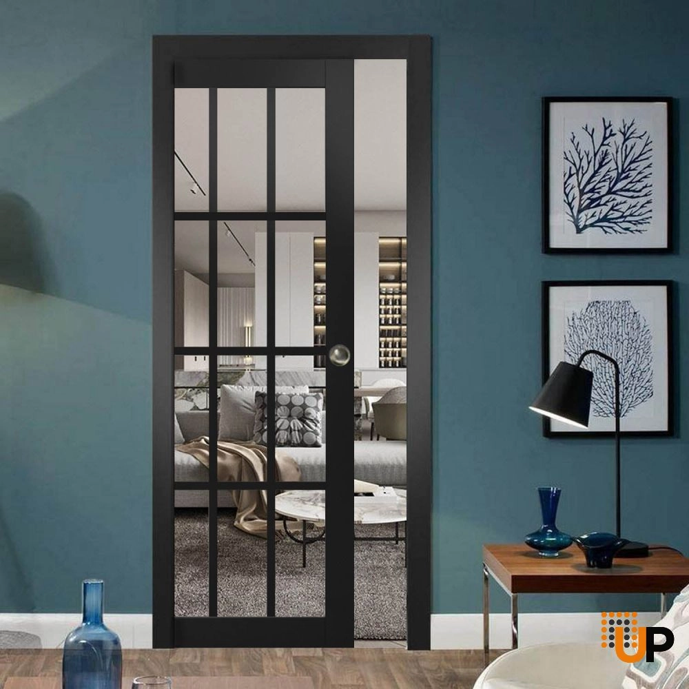 Single solid core sliding classic interior pocket door with clear glass | Felicia 3355 Black Matte | 42 x 80 photo#2