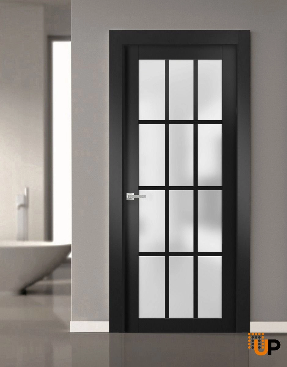 Single solid core classic interior swing door with frosted glass | Felicia 3312 Black Matte | 18 x 80 photo#2