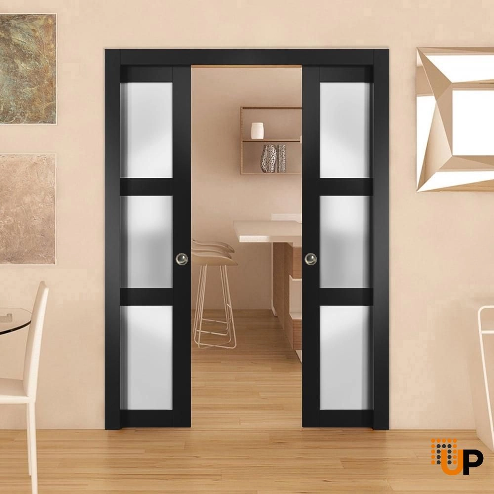 Single solid core luxury interior door slab with frosted glass | Lucia 2552 Black Matte | 18 x 80 photo#2