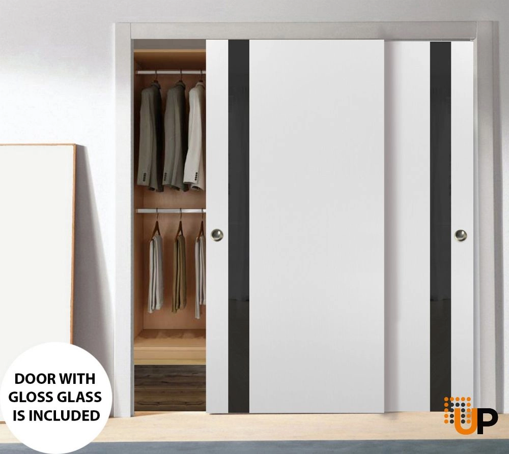 Double solid core sliding interior closet bypass door with black glass | Planum 0040 White | 36 x 80 (2* 18x80) photo#2