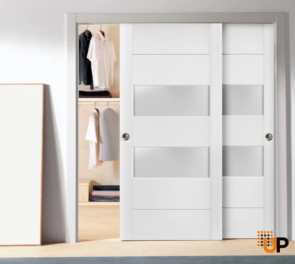 Double solid core sliding interior closet bypass door with frosted glass | Lucia 4010 White | 36 x 80 (2* 18x80) photo#2