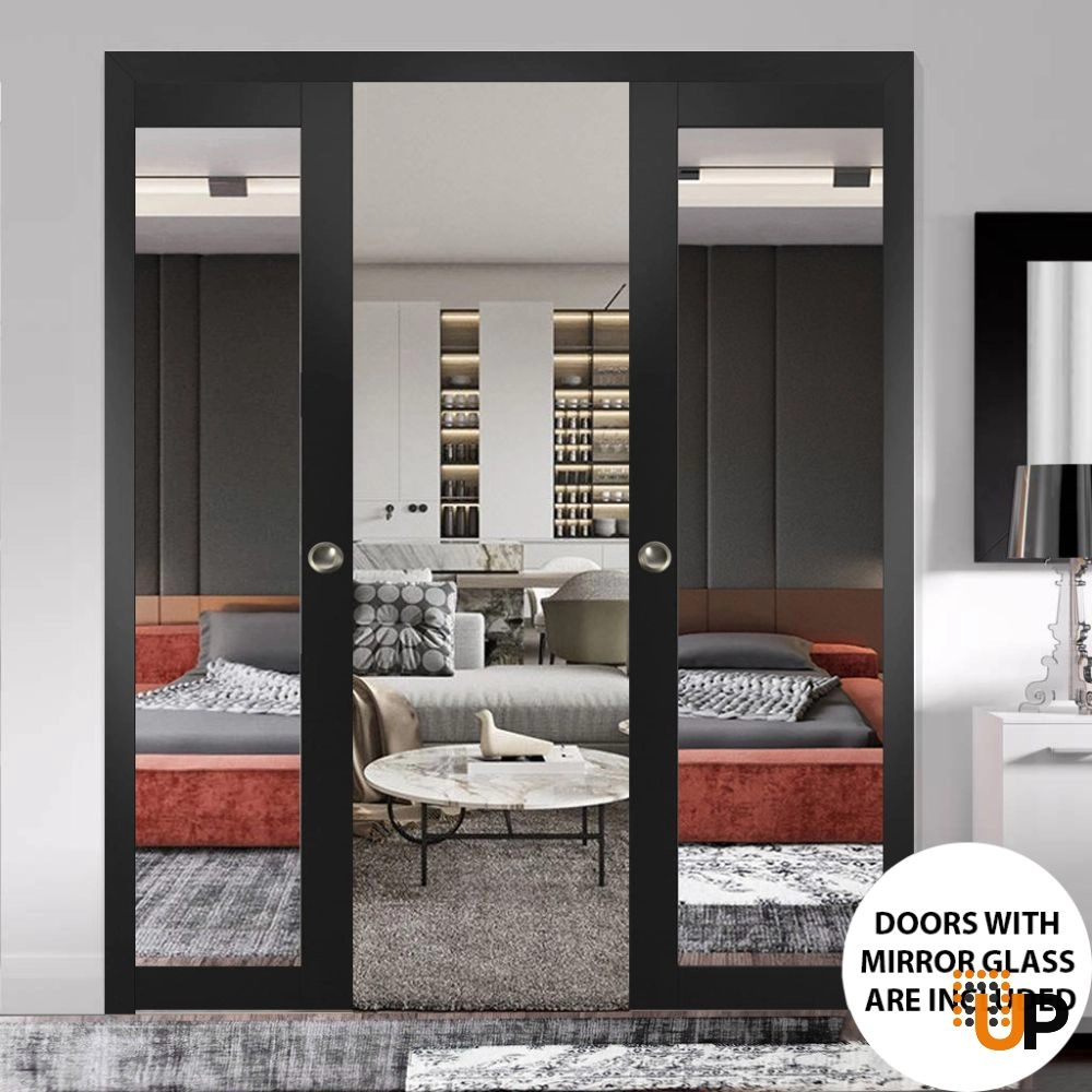Double solid core sliding luxury interior pocket double door with mirror glass | Lucia 1299 Black Matte | 56 x 96 (2* 28x96) photo#2