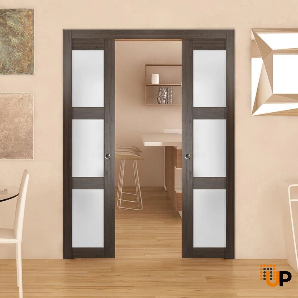 Double solid core sliding luxury interior pocket double door with frosted glass | Lucia 2552 Chocolate Ash | 36 x 80 (2* 18x80) photo#2