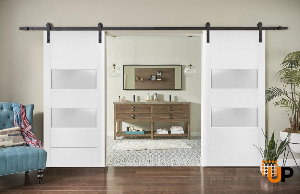 Double solid core sliding french interior barn double door with frosted glass | Lucia 4010 White | 36 x 80 (2* 18x80) photo#2