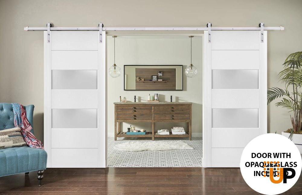Double solid core sliding french interior barn double door with frosted glass | Lucia 4010 White | 36 x 80 (2* 18x80) photo#2
