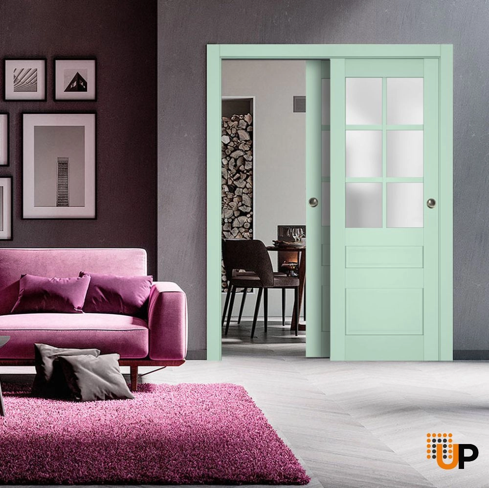 Double laminate sliding classic interior closet bypass door with frosted glass | Veregio 7339 Oliva | 36 x 80 (2* 18x80) photo#2