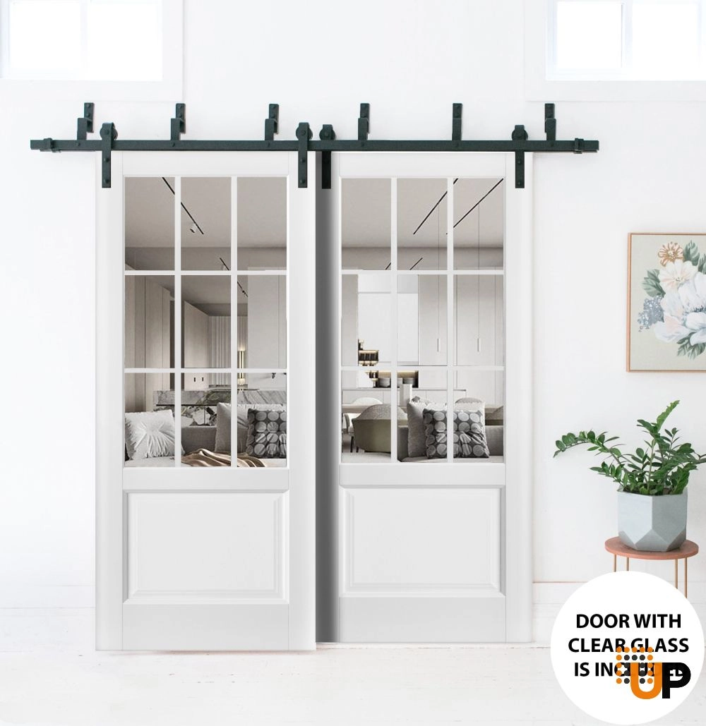Double solid core sliding classic interior barn bypass door with clear glass | Felicia 3599 White | 36 x 80 (2* 18x80) photo#2