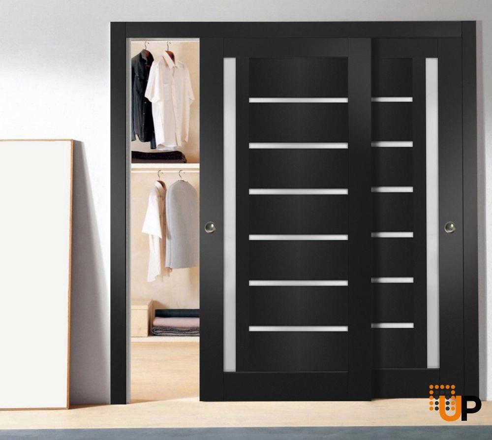 Double solid core sliding interior closet bypass door with frosted glass | Quadro 4088  Black Matte | 36 x 80 (2* 18x80) photo#2