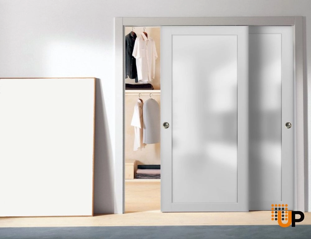 Double solid core sliding luxury interior closet bypass door with frosted glass | Planum 2102 White | 36 x 80 (2* 18x80) photo#2