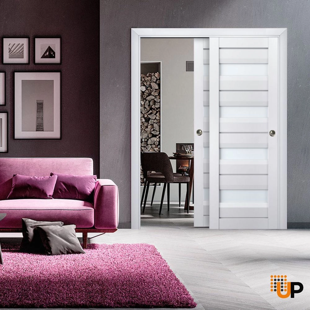 Double laminate sliding modern interior closet bypass door with frosted glass | Veregio 7455 White | 36 x 80 (2* 18x80) photo#2