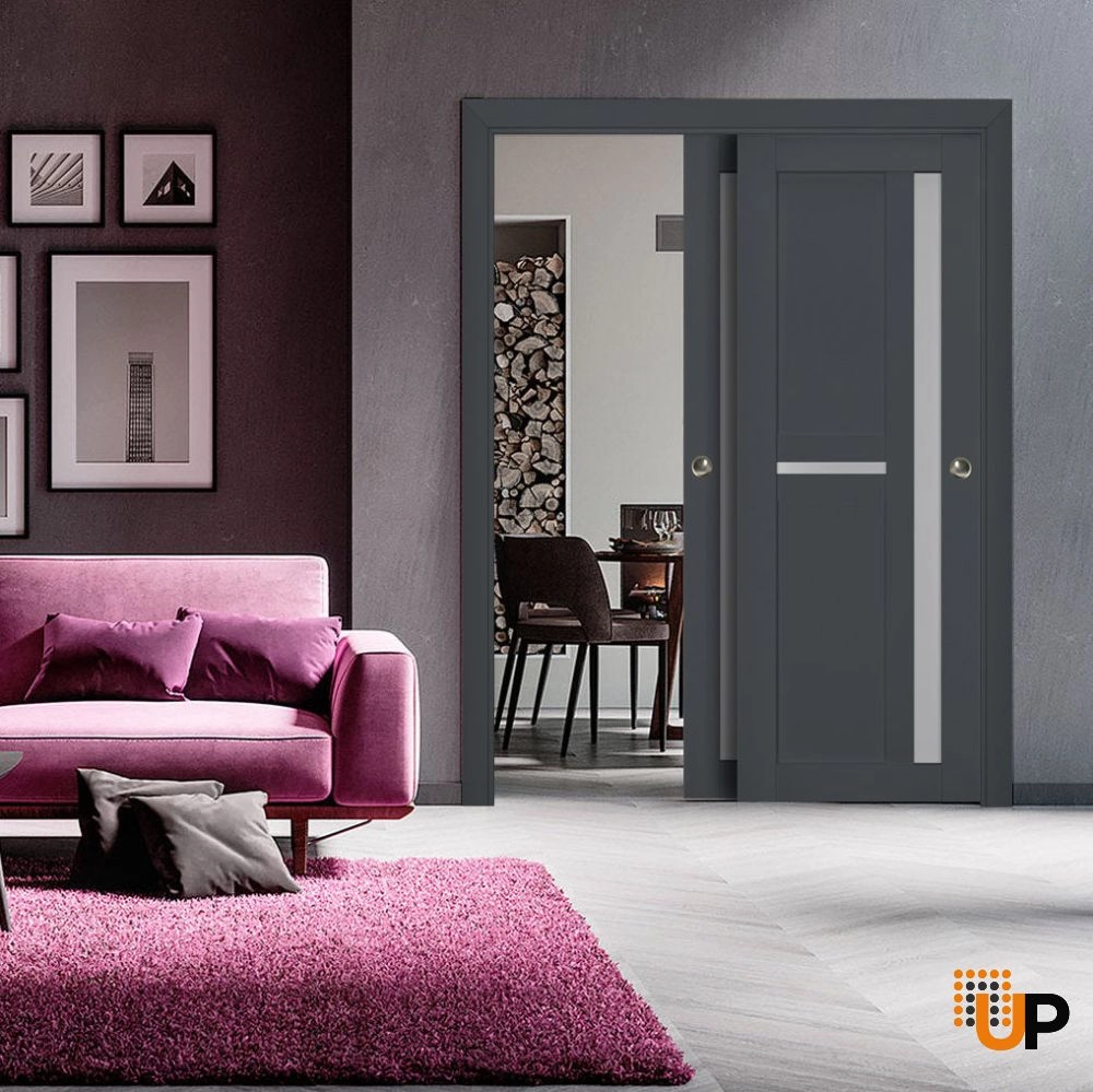 Double laminate sliding modern interior closet bypass door with frosted glass | Veregio 7288 Antracite | 36 x 80 (2* 18x80) photo#2