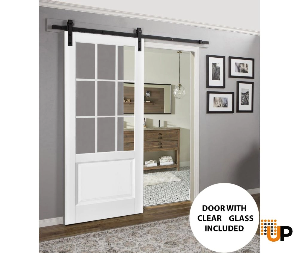 Single solid core sliding classic interior barn door with clear glass | Felicia 3599 White | 18 x 80 photo#2