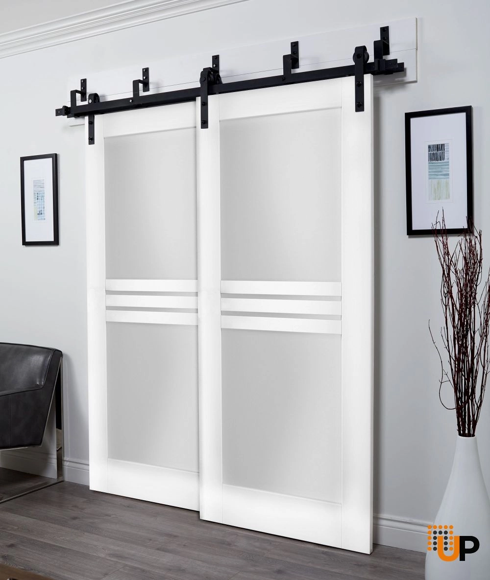 Double mdf sliding interior barn bypass door with frosted glass | Mela 7222 White | 60 x 96 (2* 30x96) photo#3