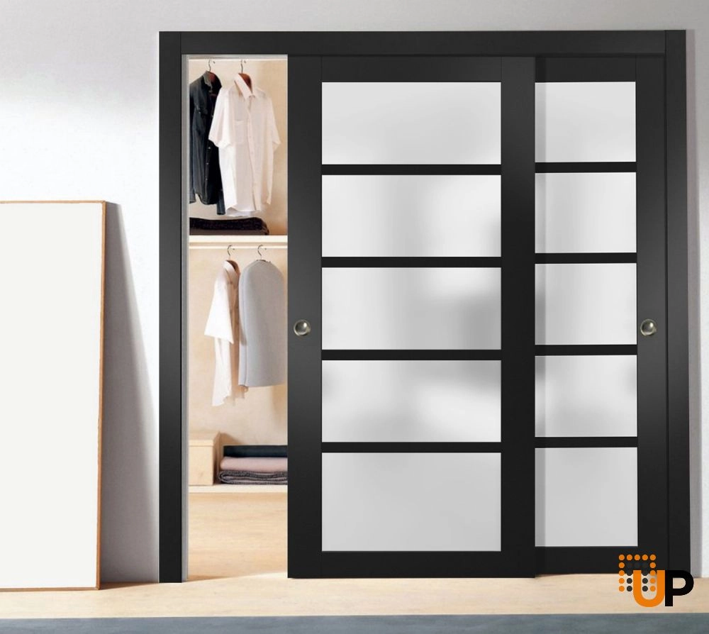 Double mdf sliding luxury interior closet bypass door with frosted glass | Quadro 4002  Black Matte | 36 x 80 (2* 18x80) photo#2