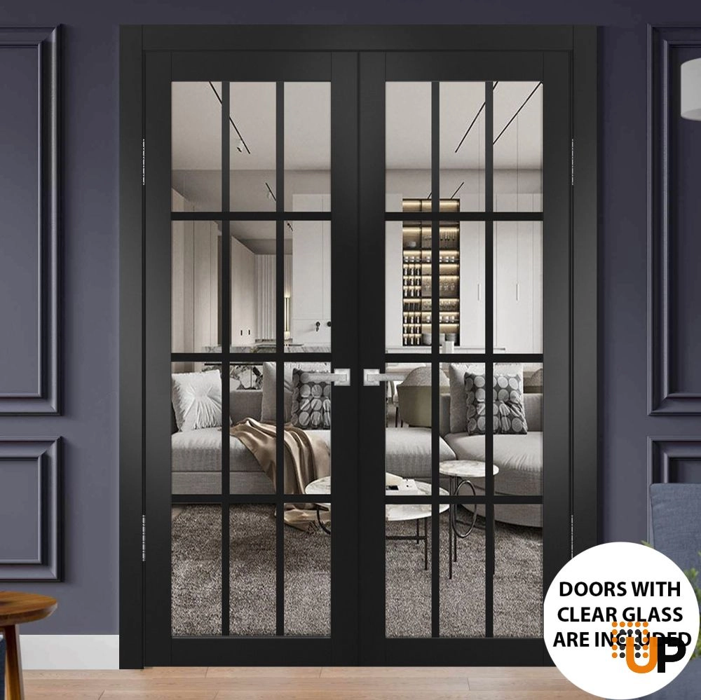 Double solid core french interior swing double door with clear glass | Felicia 3355 Black Matte | 36 x 80 (2* 18x80) photo#2