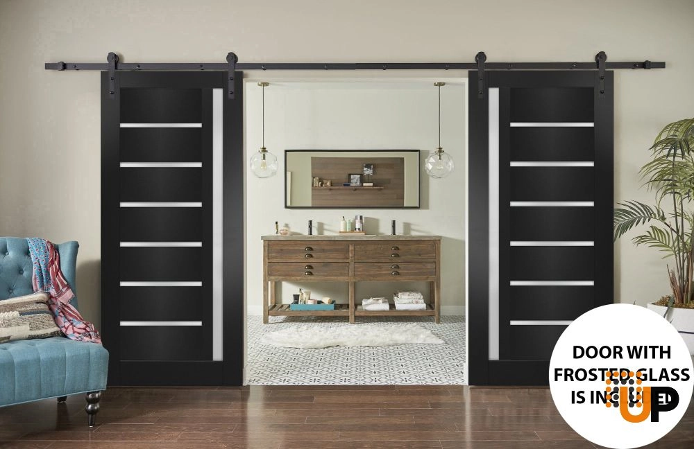 Double mdf sliding french interior barn double door with frosted glass | Quadro 4088  Black Matte | 36 x 80 (2* 18x80) photo#2
