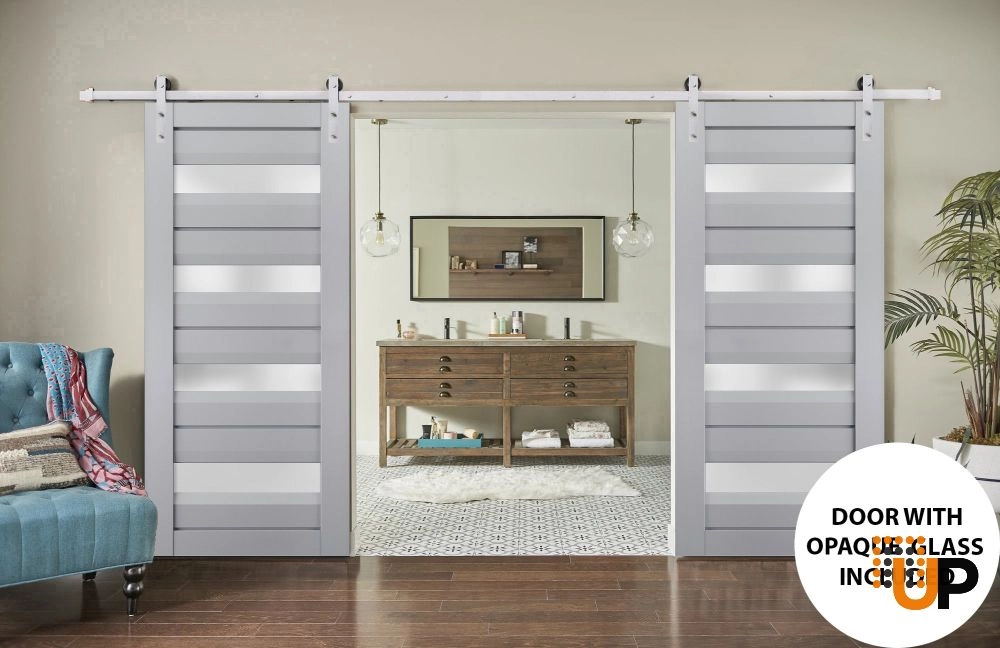 Double laminate sliding french interior barn double door with frosted glass | Veregio 7455 Matte Grey | 36 x 80 (2* 18x80) photo#2
