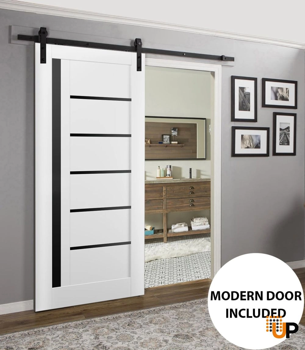 Single mdf sliding modern interior barn door with black glass | Quadro 4588 White | 18 x 80 photo#2