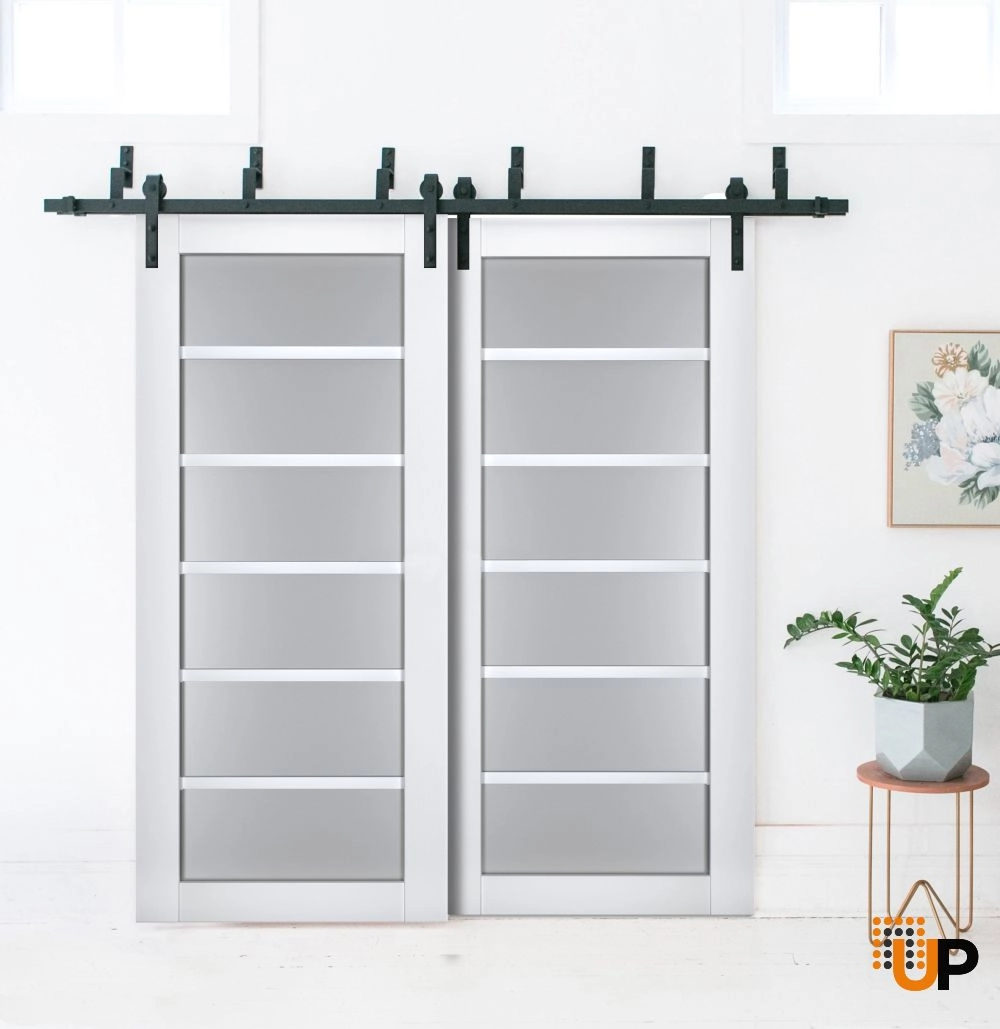 Double laminate sliding luxury interior barn bypass door with frosted glass | Veregio 7602 White | 36 x 80 (2* 18x80) photo#2