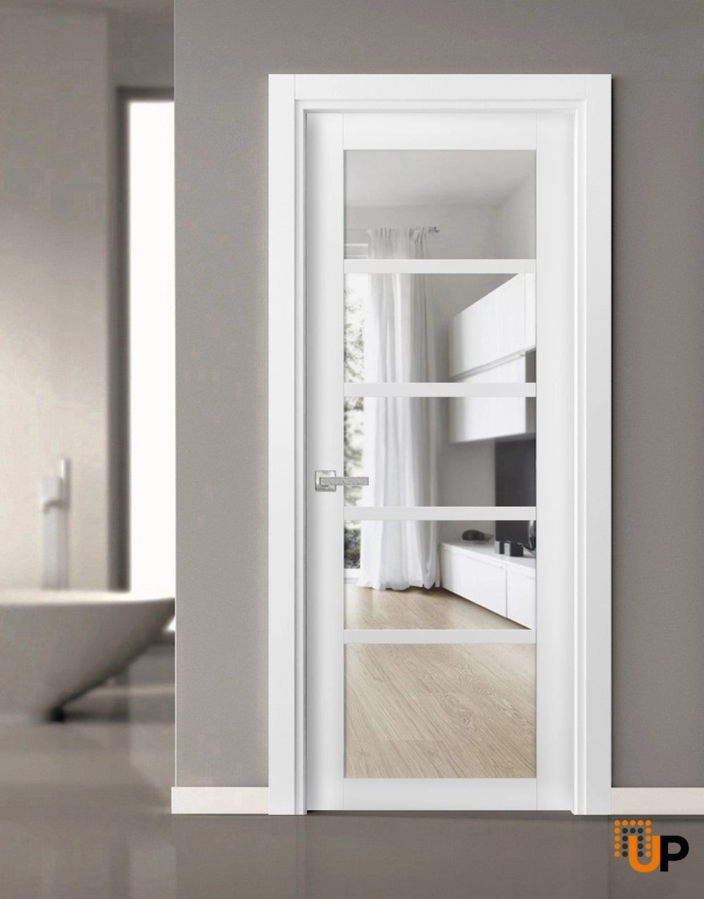 Single mdf luxury interior swing door with clear glass | Quadro 4522 White | 18 x 80 photo#2