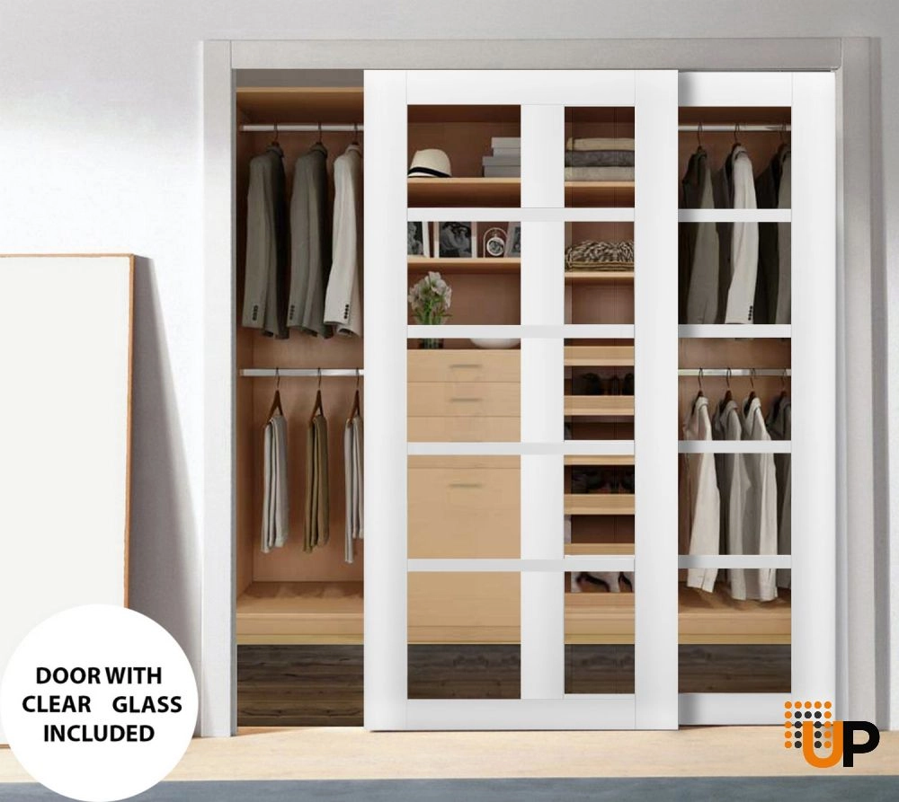 Double mdf sliding luxury interior closet bypass door with clear glass | Quadro 4522 White | 36 x 80 (2* 18x80) photo#2