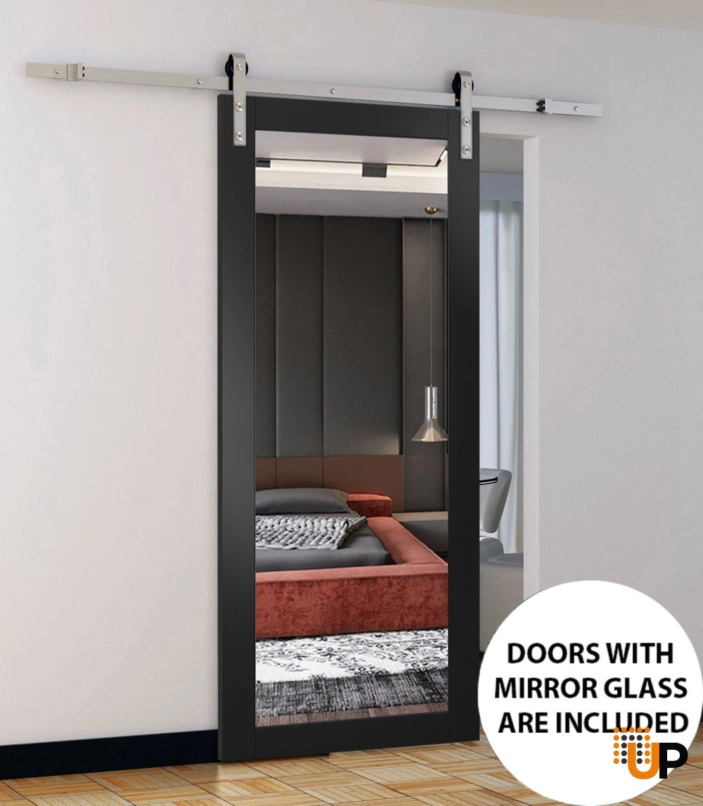 Single solid core sliding luxury interior barn door with mirror glass | Lucia 1299 Black Matte | 18 x 80 photo#2