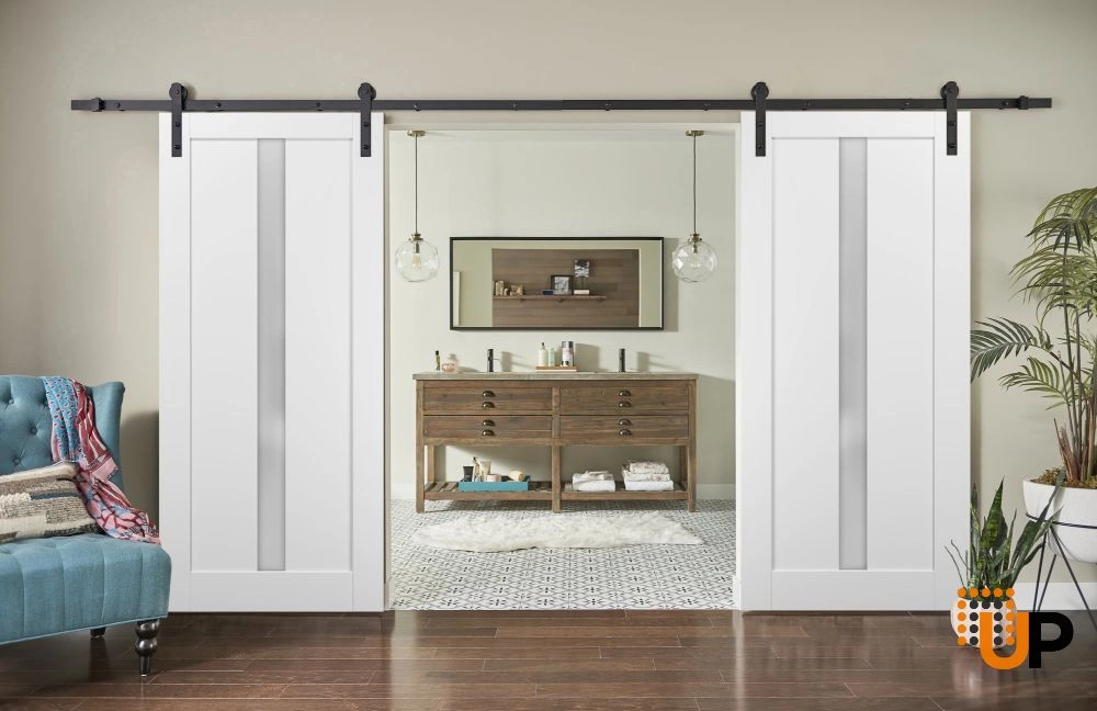 Double mdf sliding classic interior barn double door with frosted glass | Quadro 4112 White | 36 x 80 (2* 18x80) photo#2