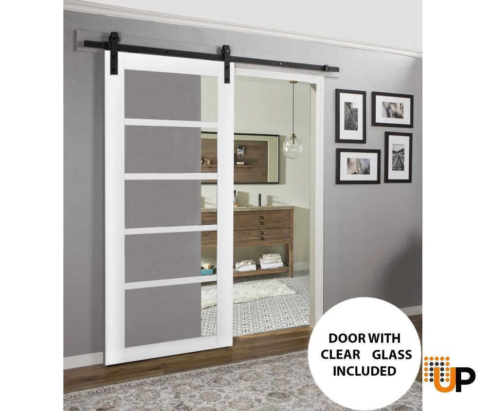 Single mdf sliding luxury interior barn door with clear glass | Quadro 4522 White | 18 x 80 photo#2