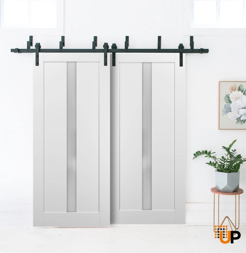 Double mdf sliding interior barn bypass door with frosted glass | Quadro 4112 White | 36 x 80 (2* 18x80) photo#2