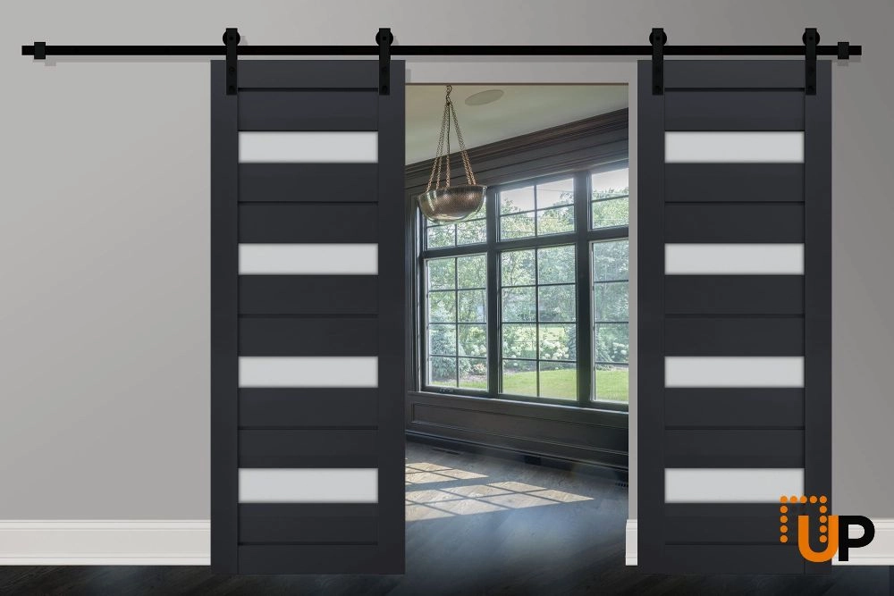 Double laminate sliding french interior barn double door with frosted glass | Veregio 7455 Antracite | 36 x 80 (2* 18x80) photo#2