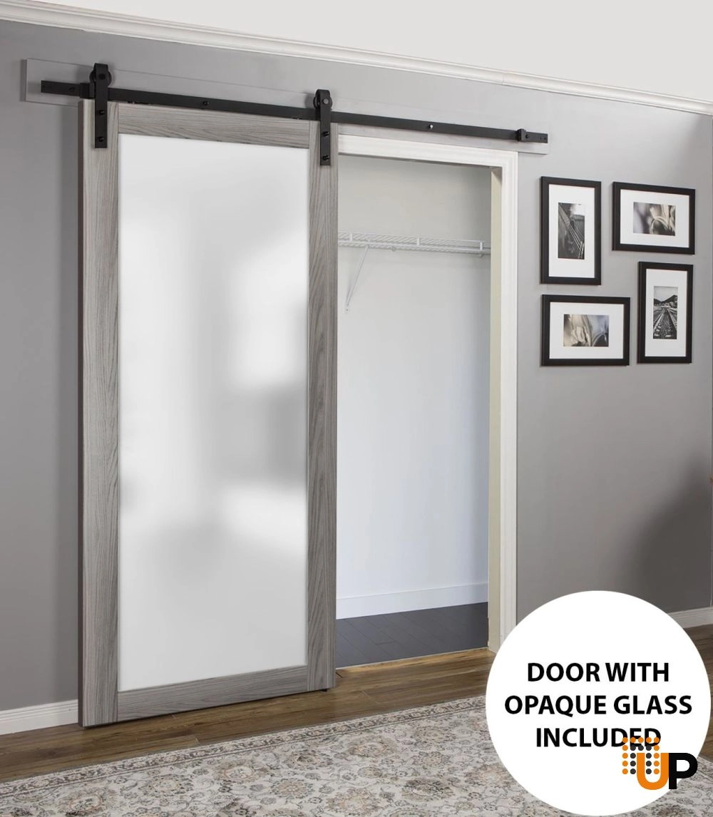 Single solid core sliding luxury interior barn door with frosted glass | Planum 2102 Ginger Ash | 18 x 80 photo#2