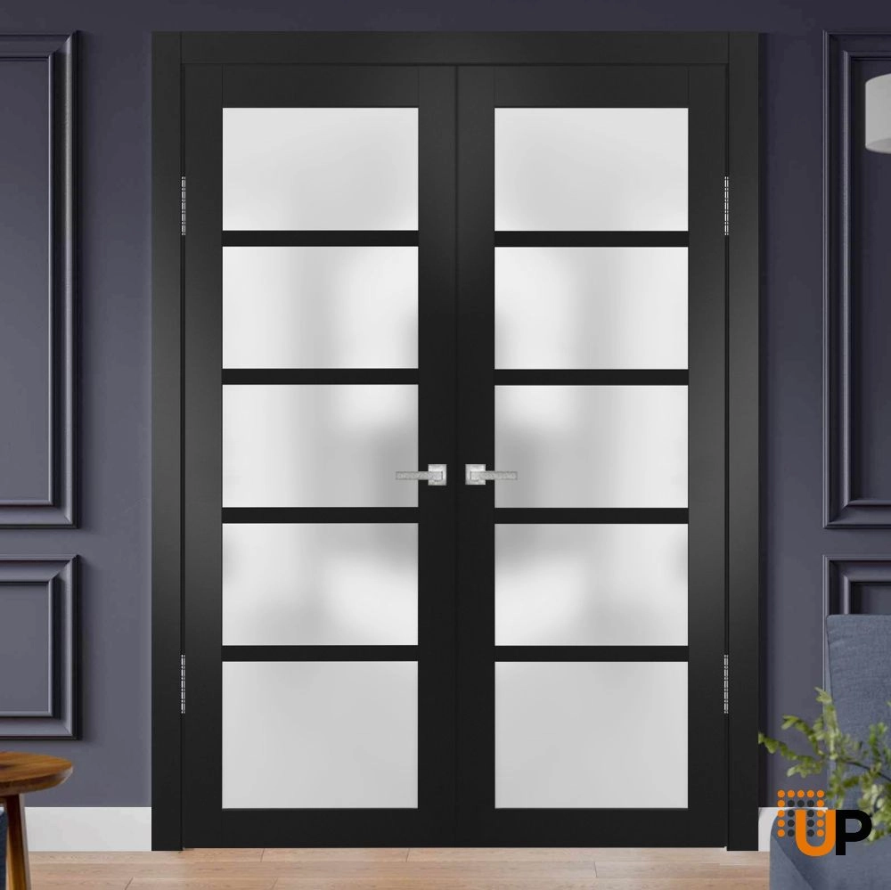 Double mdf french interior swing double door with frosted glass | Quadro 4002  Black Matte | 36 x 80 (2* 18x80) photo#2