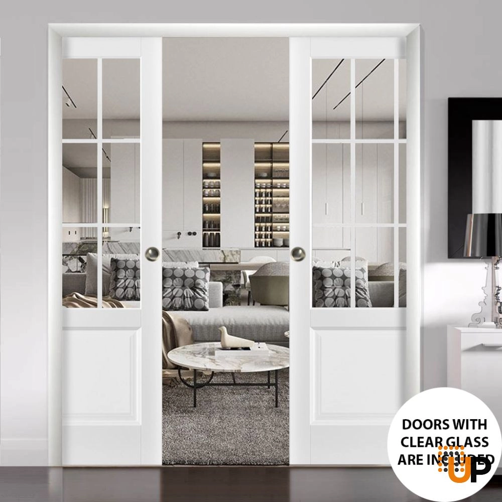 Double solid core sliding classic interior pocket double door with clear glass | Felicia 3599 White | 36 x 80 (2* 18x80) photo#2