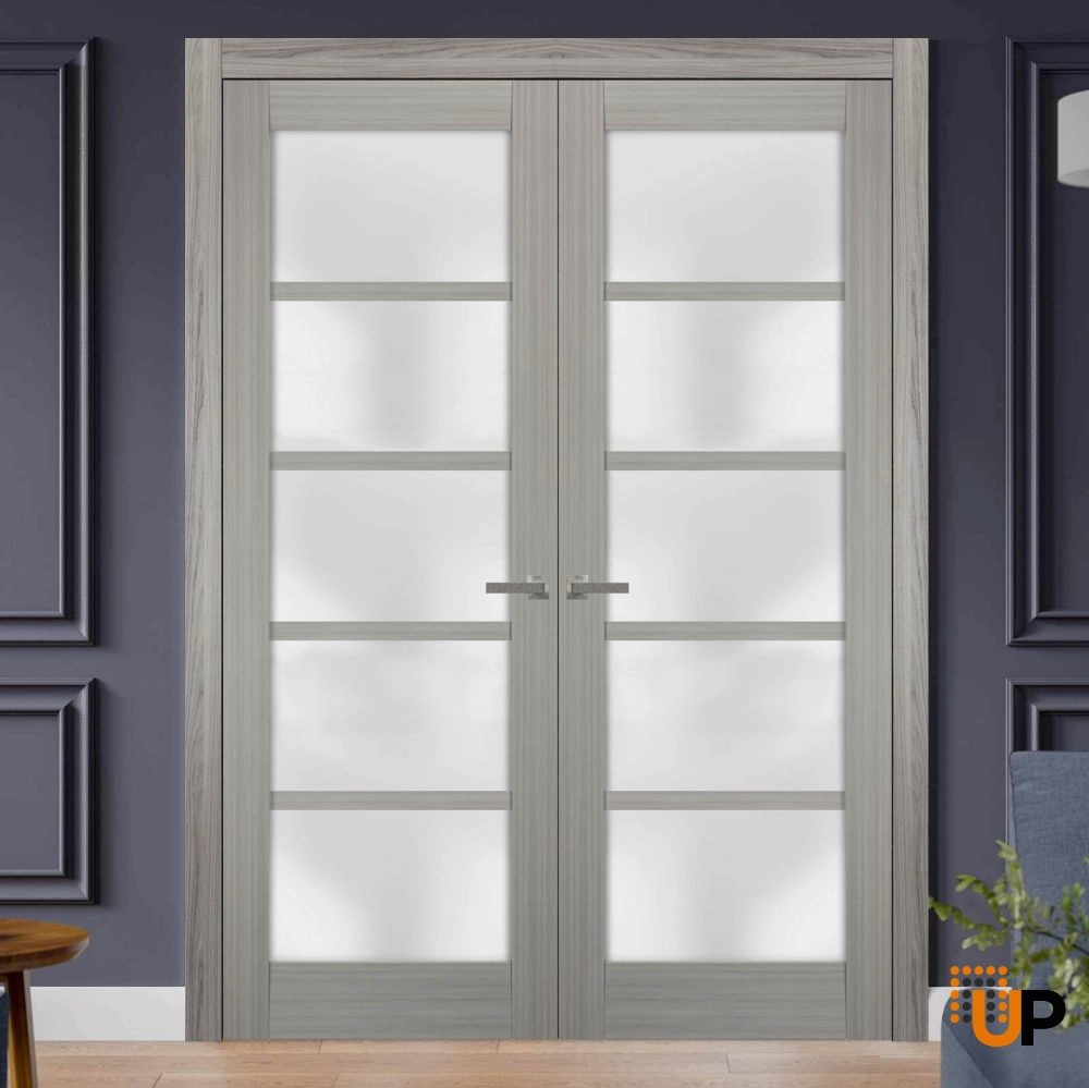 Double mdf french interior swing double door with frosted glass | Quadro 4002  Ginger Ash | 36 x 80 (2* 18x80) photo#2