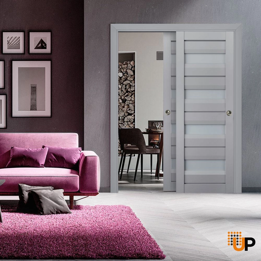 Double laminate sliding modern interior closet bypass door with frosted glass | Veregio 7455 Matte Grey | 36 x 80 (2* 18x80) photo#2
