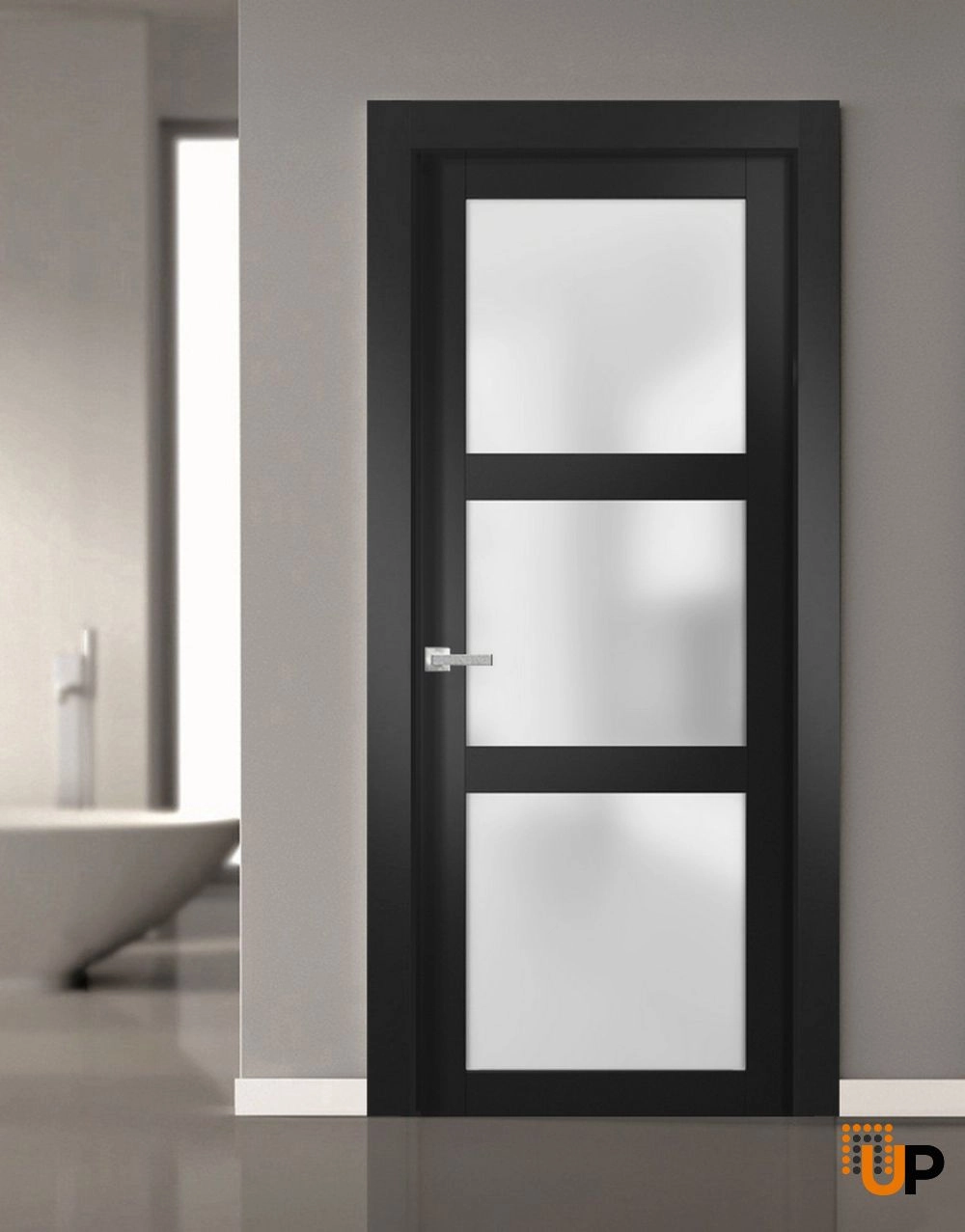 Single solid core luxury interior swing door with frosted glass | Lucia 2552 Black Matte | 18 x 80 photo#2