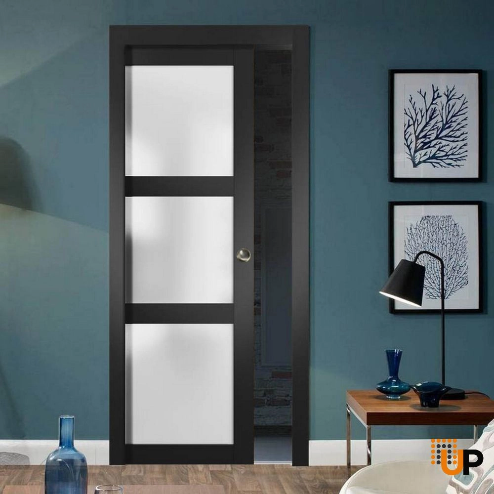 Single solid core sliding luxury interior pocket door with frosted glass | Lucia 2552 Black Matte | 18 x 80 photo#2