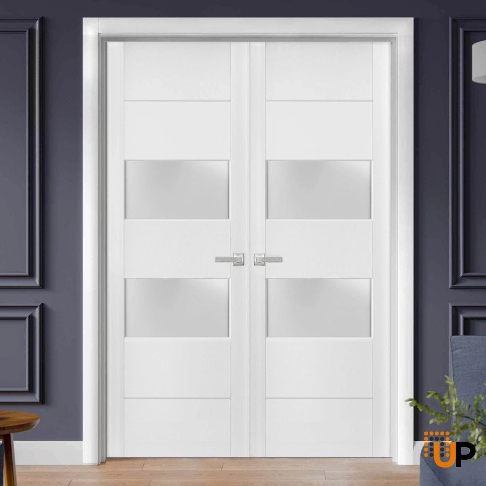 Double solid core french interior swing double door with frosted glass | Lucia 4010 White | 36 x 80 (2* 18x80) photo#2