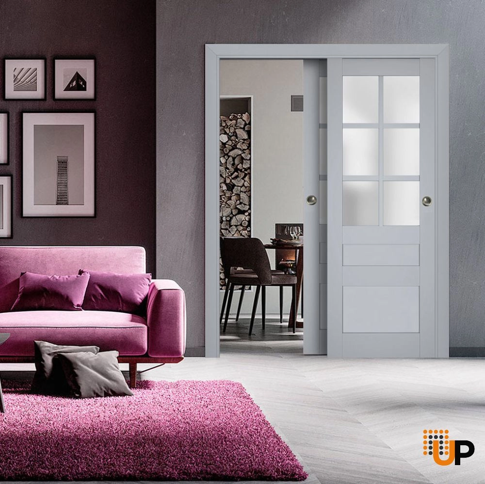 Double laminate sliding classic interior closet bypass door with frosted glass | Veregio 7339 Matte Grey | 36 x 80 (2* 18x80) photo#2