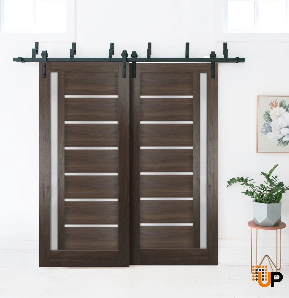 Double mdf sliding modern interior barn bypass door with frosted glass | Quadro 4088  Chocolate Ash | 36 x 80 (2* 18x80) photo#2