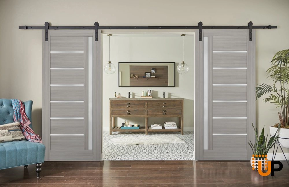 Double mdf sliding french interior barn double door with frosted glass | Quadro 4088  Ginger Ash | 36 x 80 (2* 18x80) photo#2