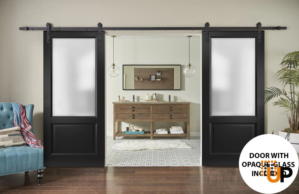 Double solid core sliding french interior barn double door with frosted glass | Lucia 22 Black Matte | 36 x 80 (2* 18x80) photo#2
