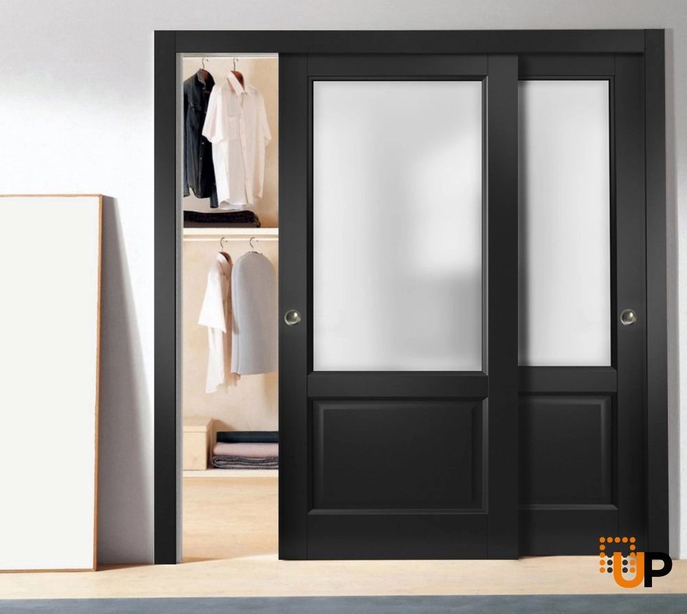 Double solid core sliding classic interior closet bypass door with frosted glass | Lucia 22 Black Matte | 36 x 80 (2* 18x80) photo#2
