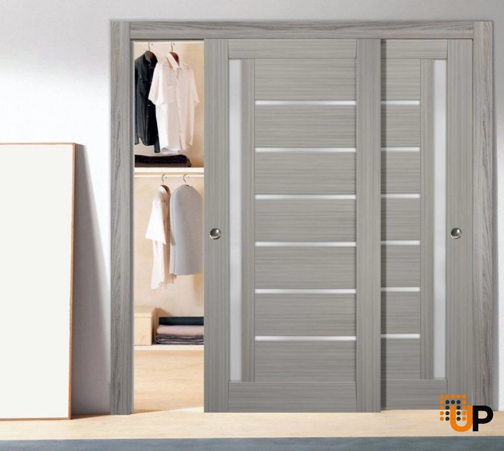 Double mdf sliding modern interior closet bypass door with frosted glass | Quadro 4088  Ginger Ash | 36 x 80 (2* 18x80) photo#2