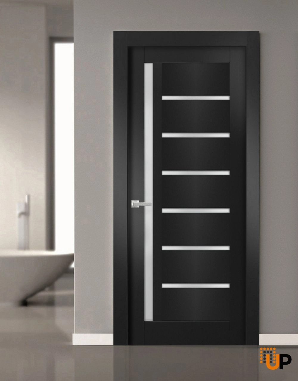 Single mdf modern interior swing door with frosted glass | Quadro 4088  Black Matte | 28 x 80 photo#3